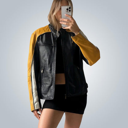 leather flight jacket women's black yellow