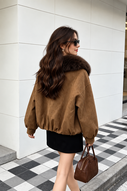 Women’s Brown Fur Collar Bomber Jacket