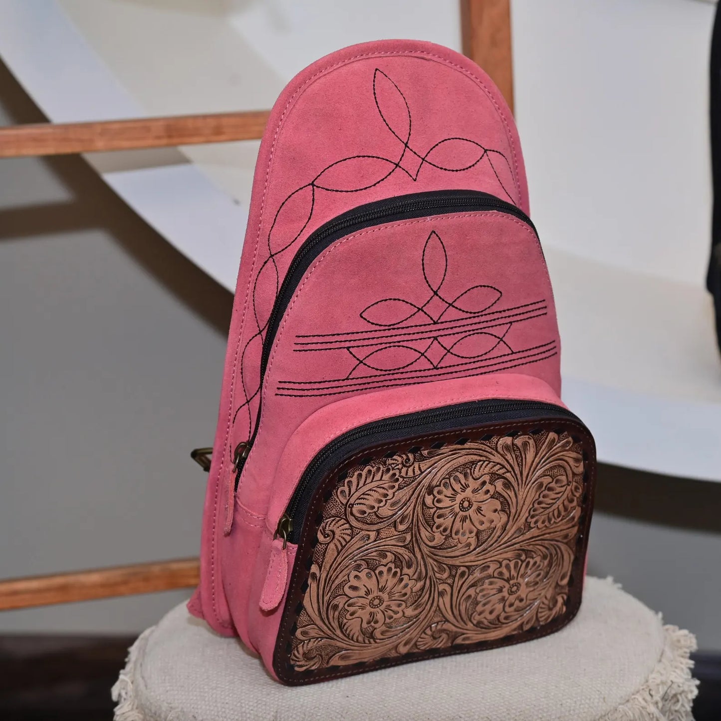 Pink Suede Tooled Leather Pink Backpack