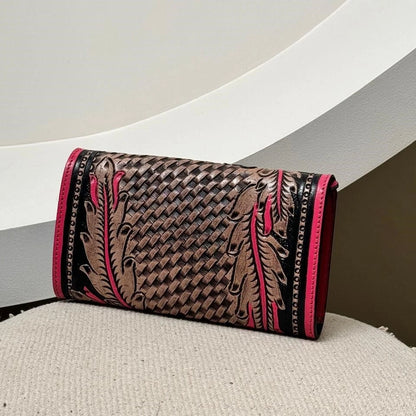 Pink Hand Tooled Leather Clutch Purse