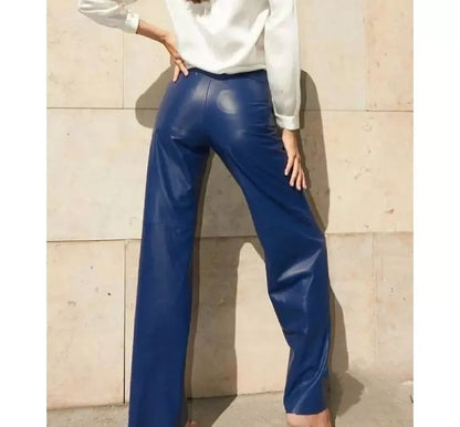 blue leather pants women