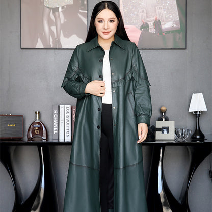 Women Long Leather Coat Plus Size Trench with Button Front