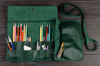 Genuine Leather Pencil Pen Storage Roll Bag