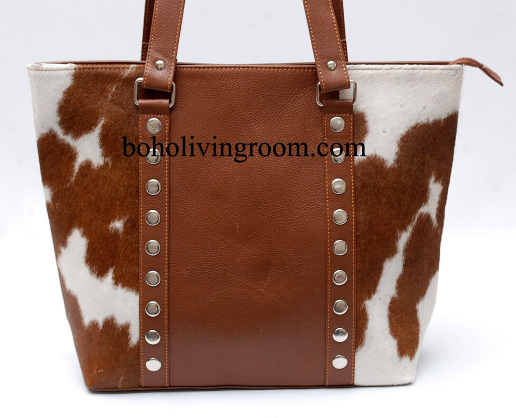 Brown white cowhide leather tote bag