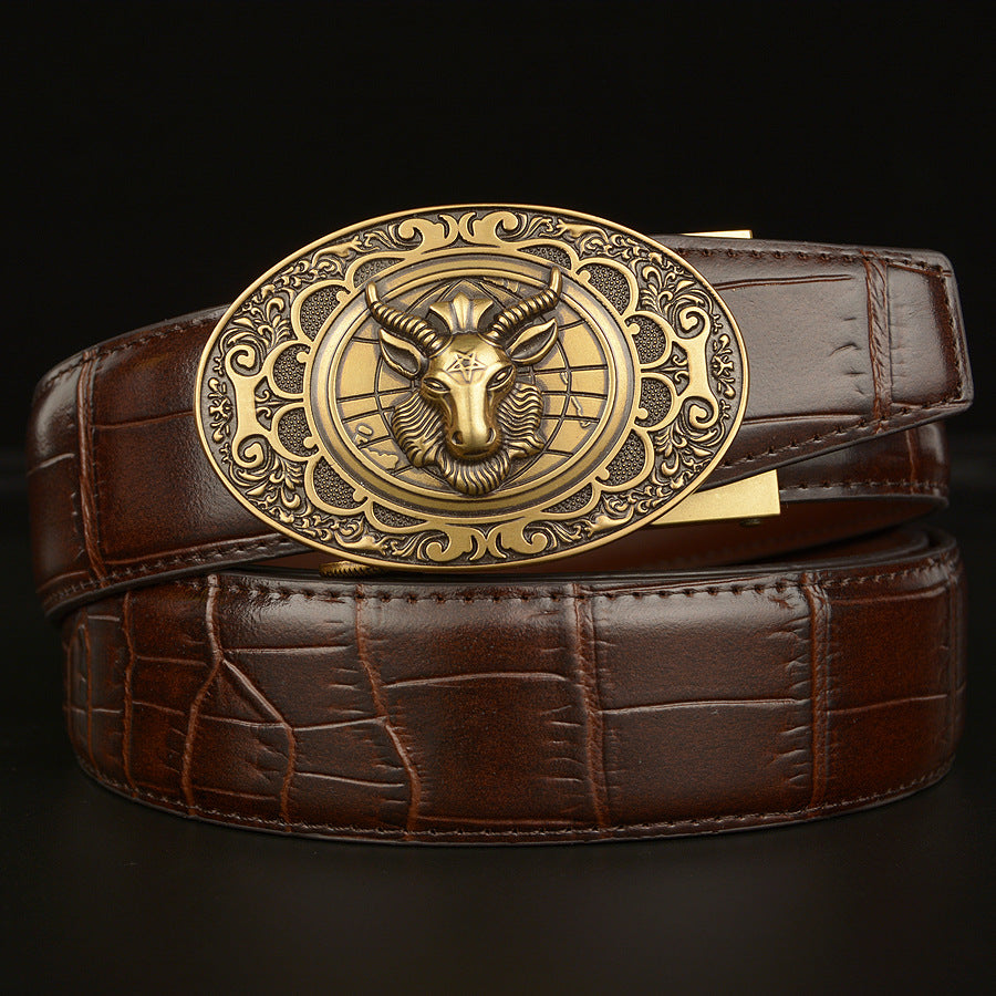 Men’s Western Leather Belt with Ram-Head Buckle