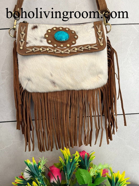 Brown White Cowhide Tooled Bag