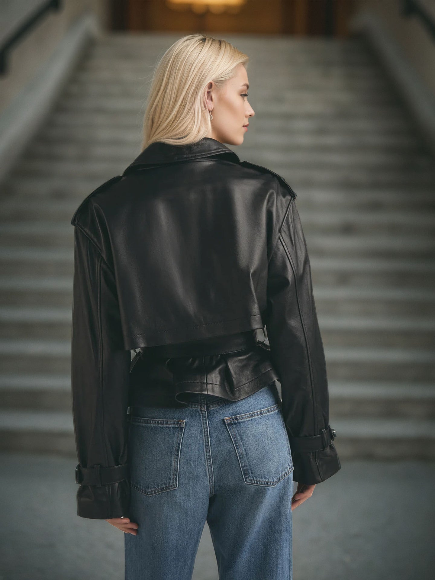 Women's Faux Leather Jacket Belted Waist Slimming Moto Biker Style