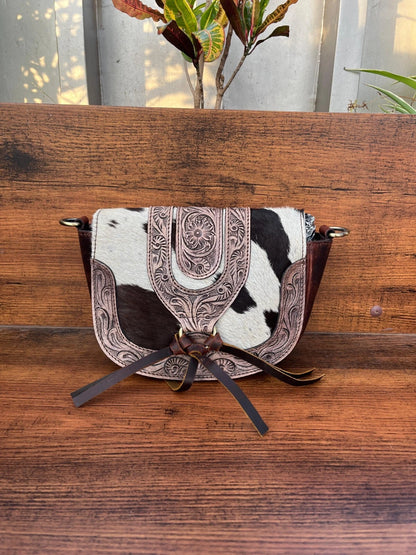 Western Tooled Leather Crossbody Cowhide Bag with Fringe