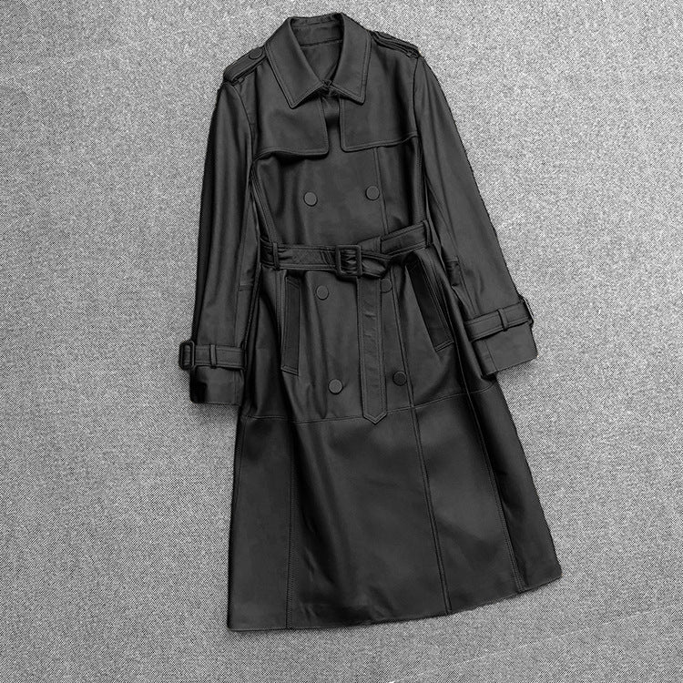Women Genuine Leather Double Breasted Trench Coat With Belt