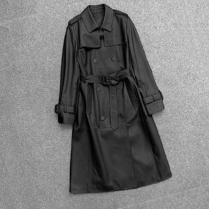 Women Genuine Leather Double Breasted Trench Coat With Belt