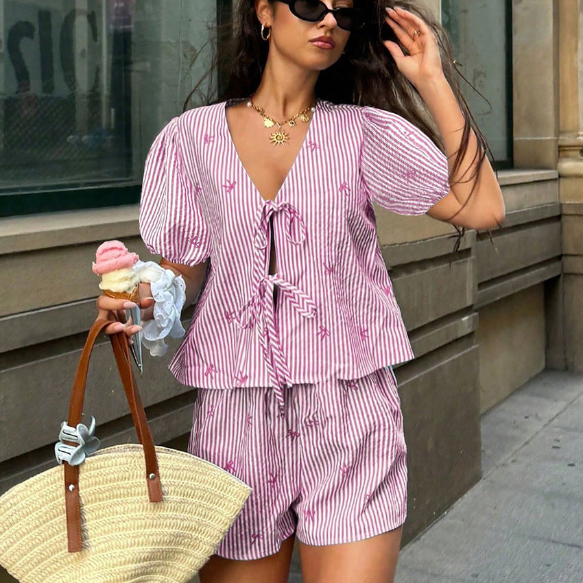 Striped Bow Embroidery Summer Two-Piece Set