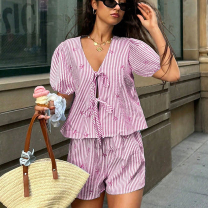 Striped Bow Embroidery Summer Two-Piece Set