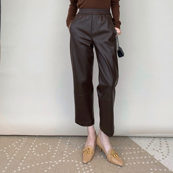 Women’s Genuine Leather Pants High Waist Wide-Leg Trousers