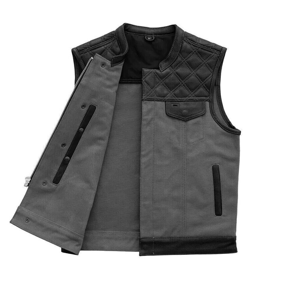 Black Leather Gray Denim Motorcycle Vest