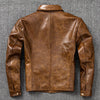 Oil Wax Leather Jacket Men Brown Slim Fit Boxer Style
