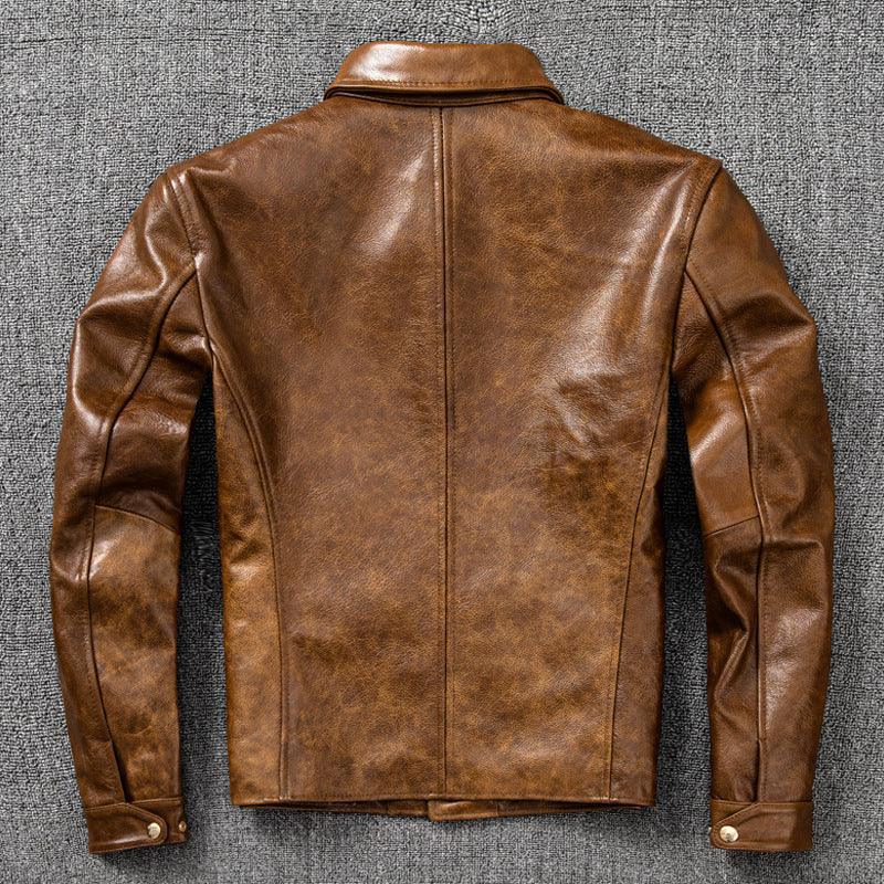 Oil Wax Leather Jacket Men Brown Slim Fit Boxer Style