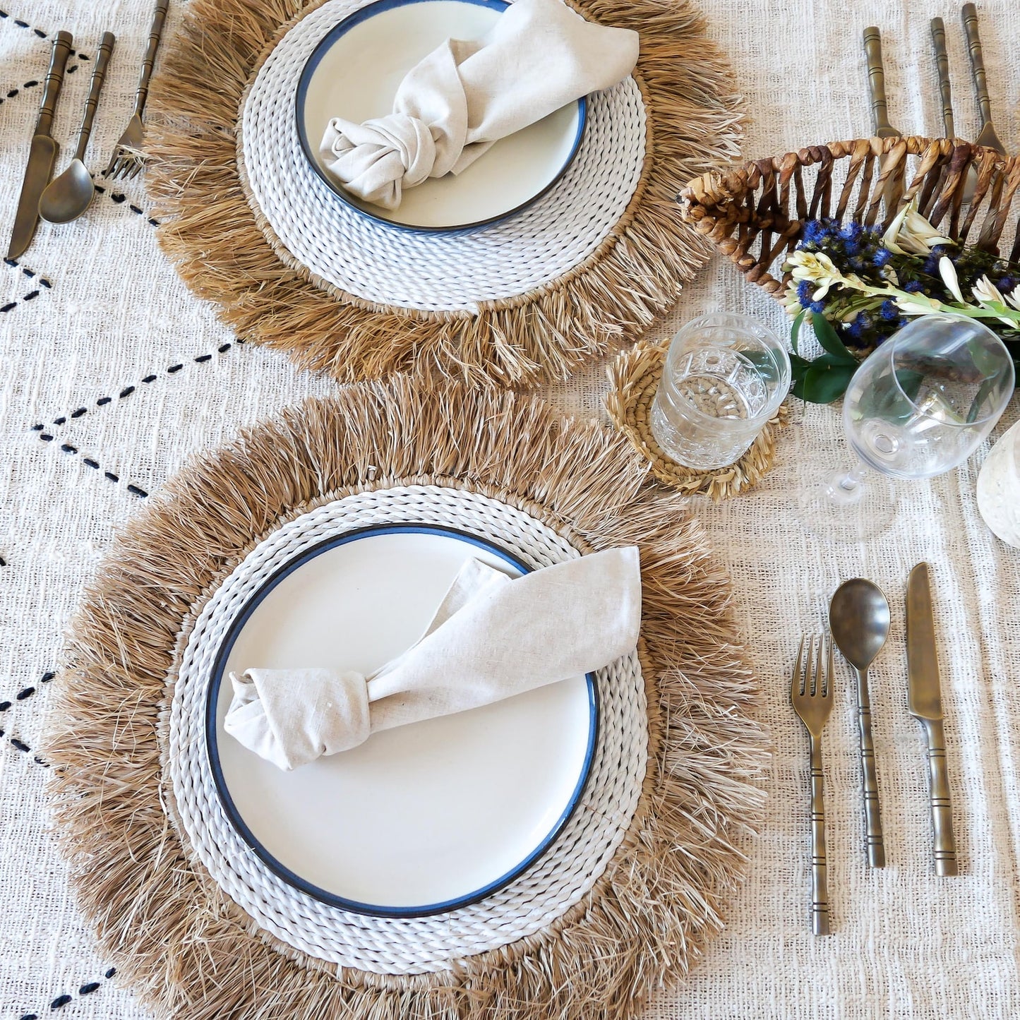 Natural Raffia fringed white placemat