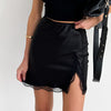 Black Satin Lace Trim Slit Mini Skirt