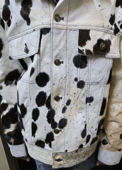 Men's Black White Cowhide Jacket Real Cow Fur Western Print Coat
