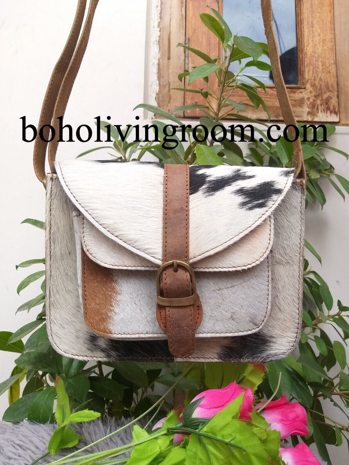 Real Cowhide Sling Bag Black White