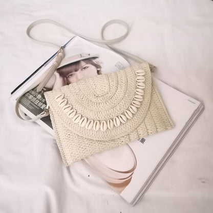 Braided Straw Crossbody Shell Bag