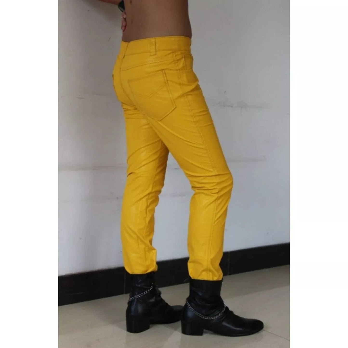 Genuine Leather Yellow Pants Men's