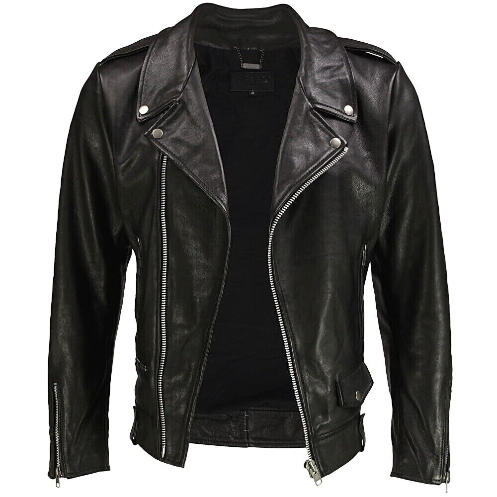 Mens Sheepskin Black Leather Jacket Biker Motorcycle