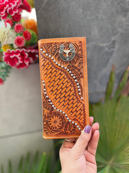 Tooled Cowhide Leather Long Wallet