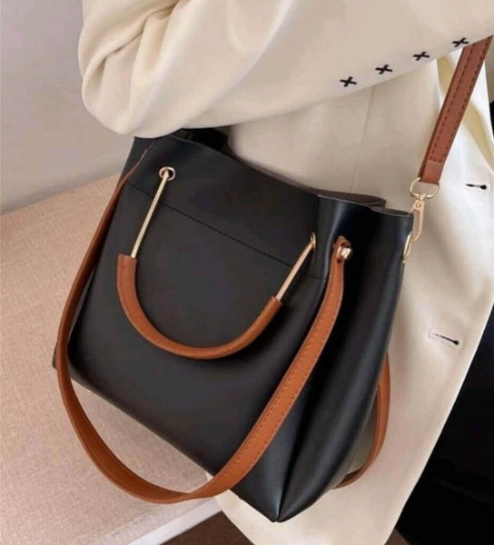 Brown Black Genuine Leather Tote Bag