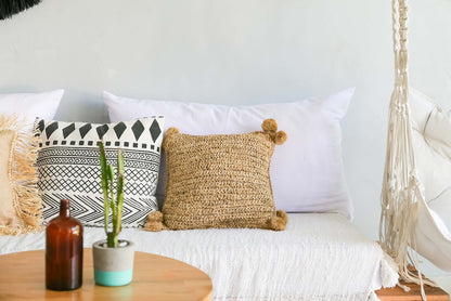 Raffia Seagrass Pillow Cover With Pom Pom