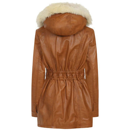 Women's fur hood tan sheepskin leather jacket coat