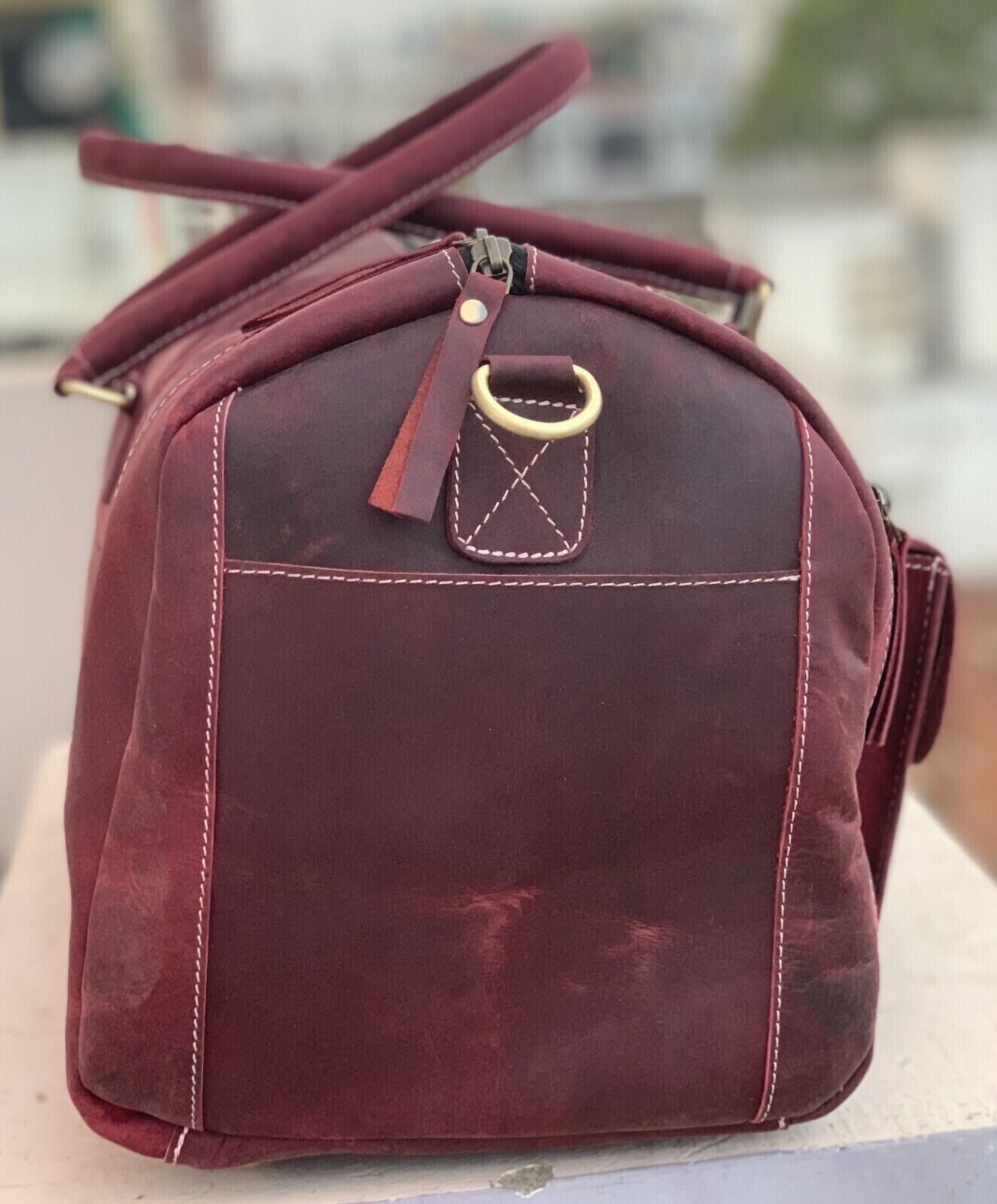 Red Maroon Leather Weekender Bag