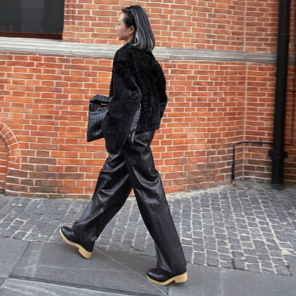 Women black sheepskin leather wide leg trousers