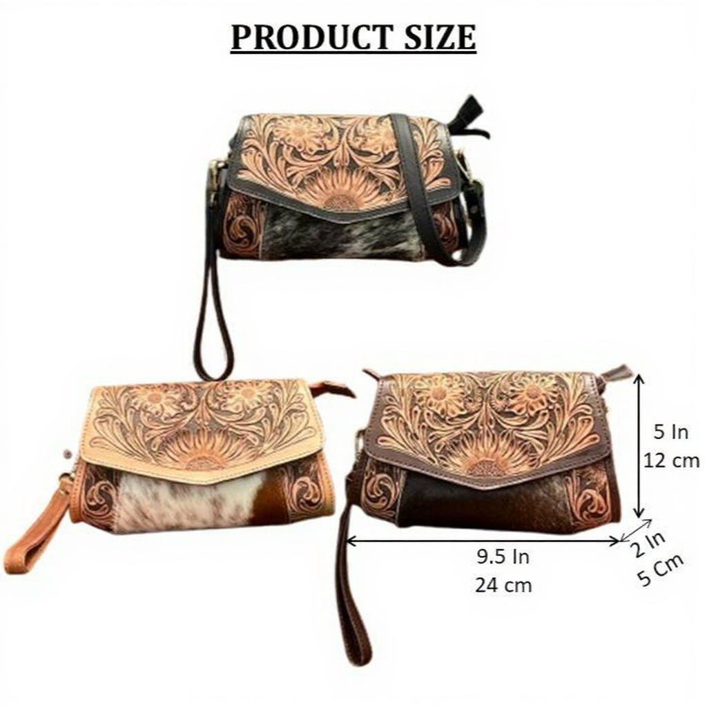Hand tooled cowhide leather crossbody mini bag