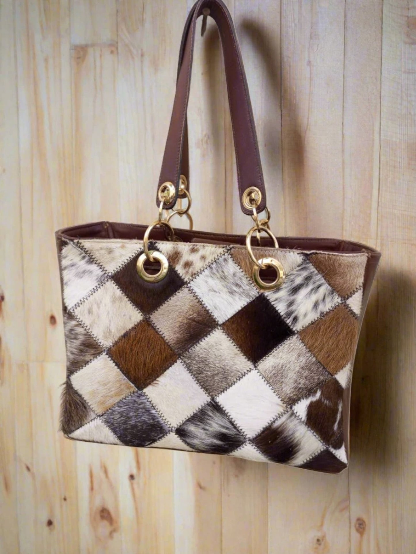 Genuine Cowhide Patchwork Tote Purse