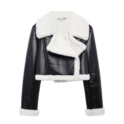 Cropped Faux Leather Bomber Jacket Women with Faux Fur Collar