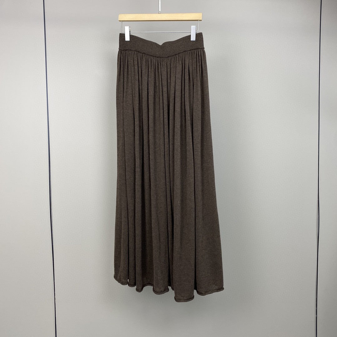 Women Wool Knit Midi Skirt Brown Elastic Waist Pleated Wool Skirt