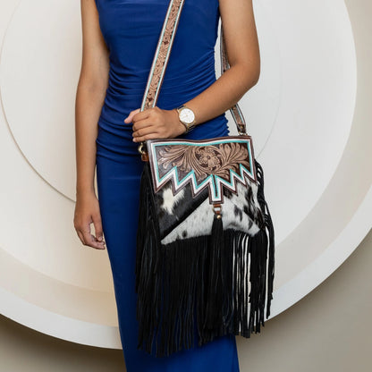 Tooled Leather Cowhide Crossbody Bag Fringe