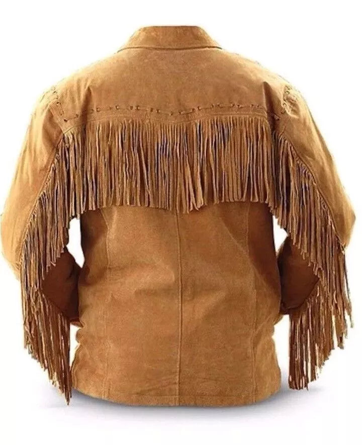 Men Western Cowboy Suede Leather Jacket With Fringe