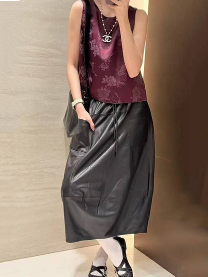 Women Leather Skirt Mid-Length with Pockets & Elastic Waist