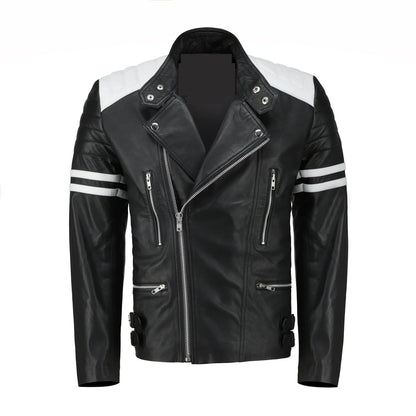 Genuine Biker Leather Jacket Black White