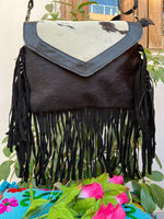 Real Hair On Cowhide Crossbody Bag With Fringes