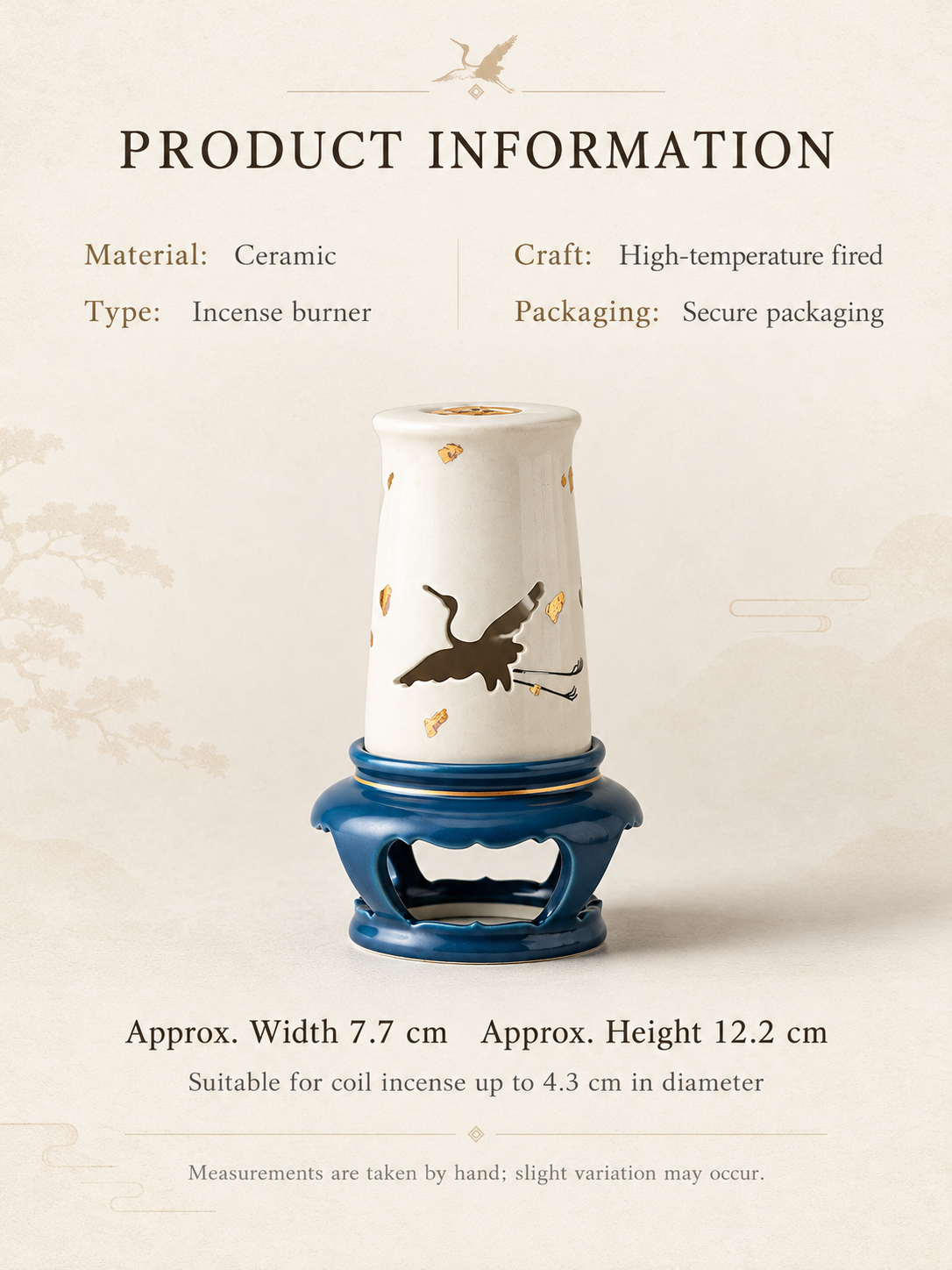 Ceramic Incense Burner with Crane Cutout Lid for Coil Incense
