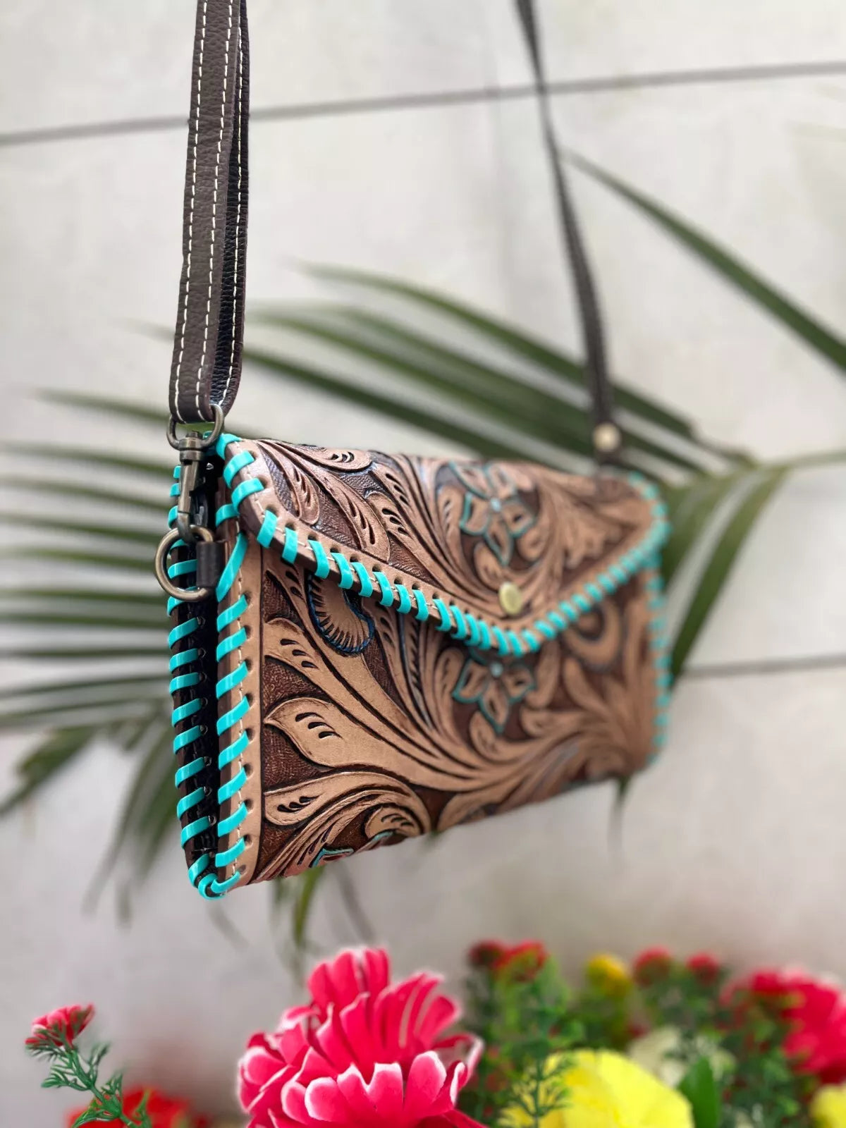 Real Cowhide Tooled Sling Purse