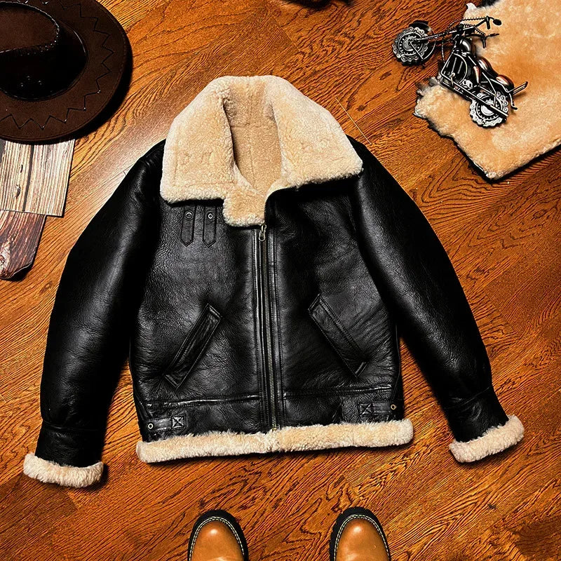Men’s Real Shearling Fur Leather Aviator Flight Jacket 2 S