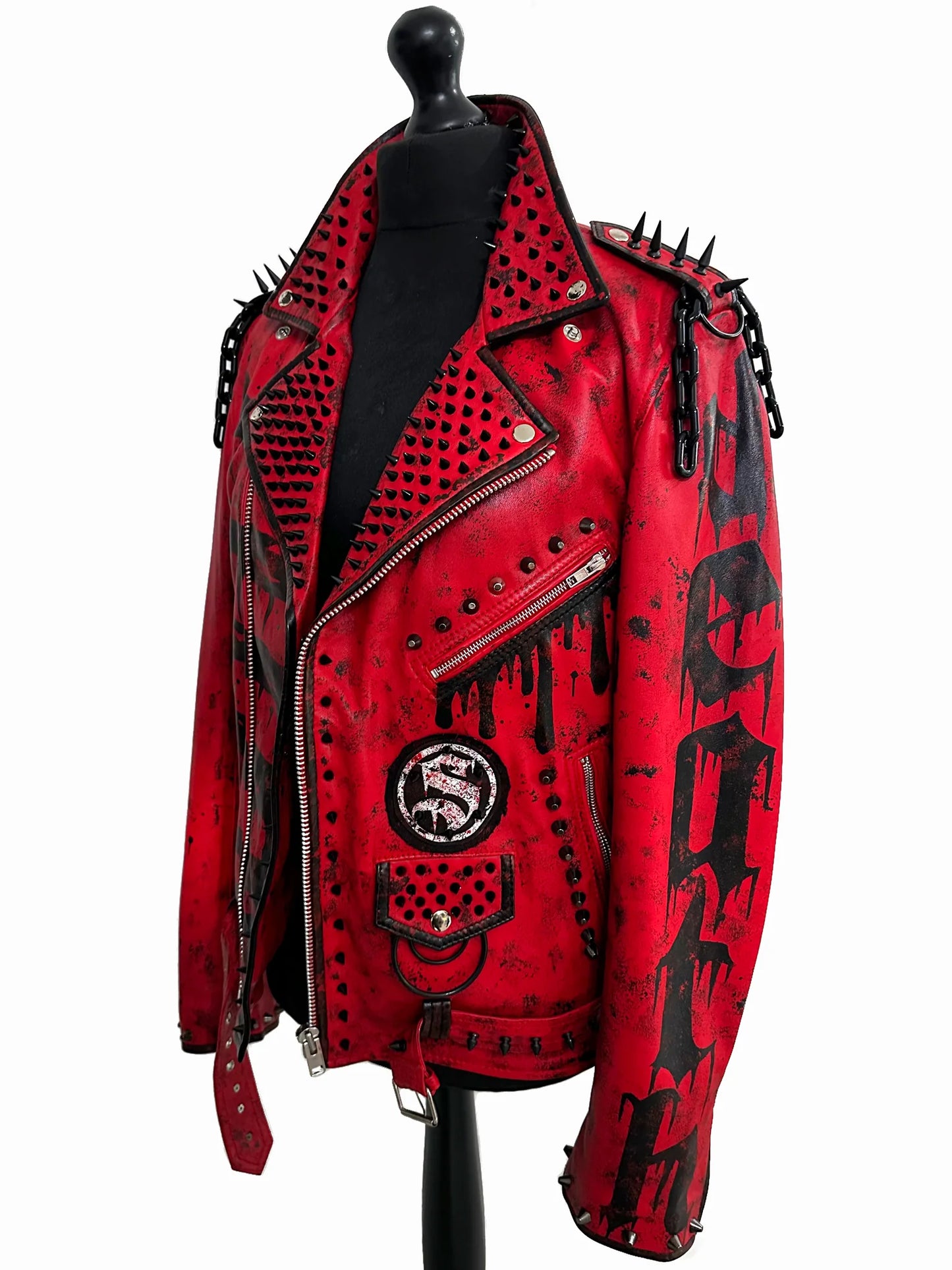 Men's Punk Painted Spiked Studded Biker Leather Jacket