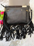 Black White Cowhide Crossbody Bag With Fringes