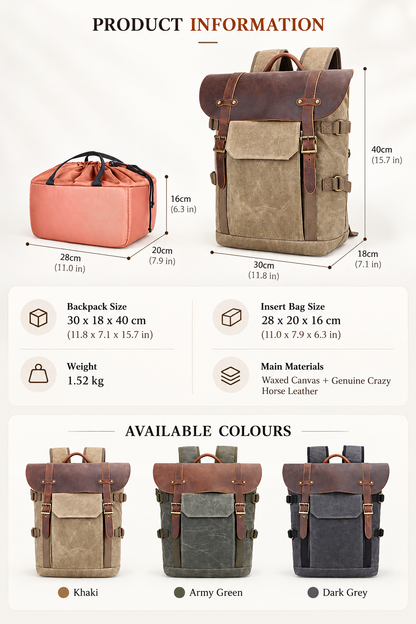 Waxed Canvas Leather Backpack with Removable Camera Insert and Dividers