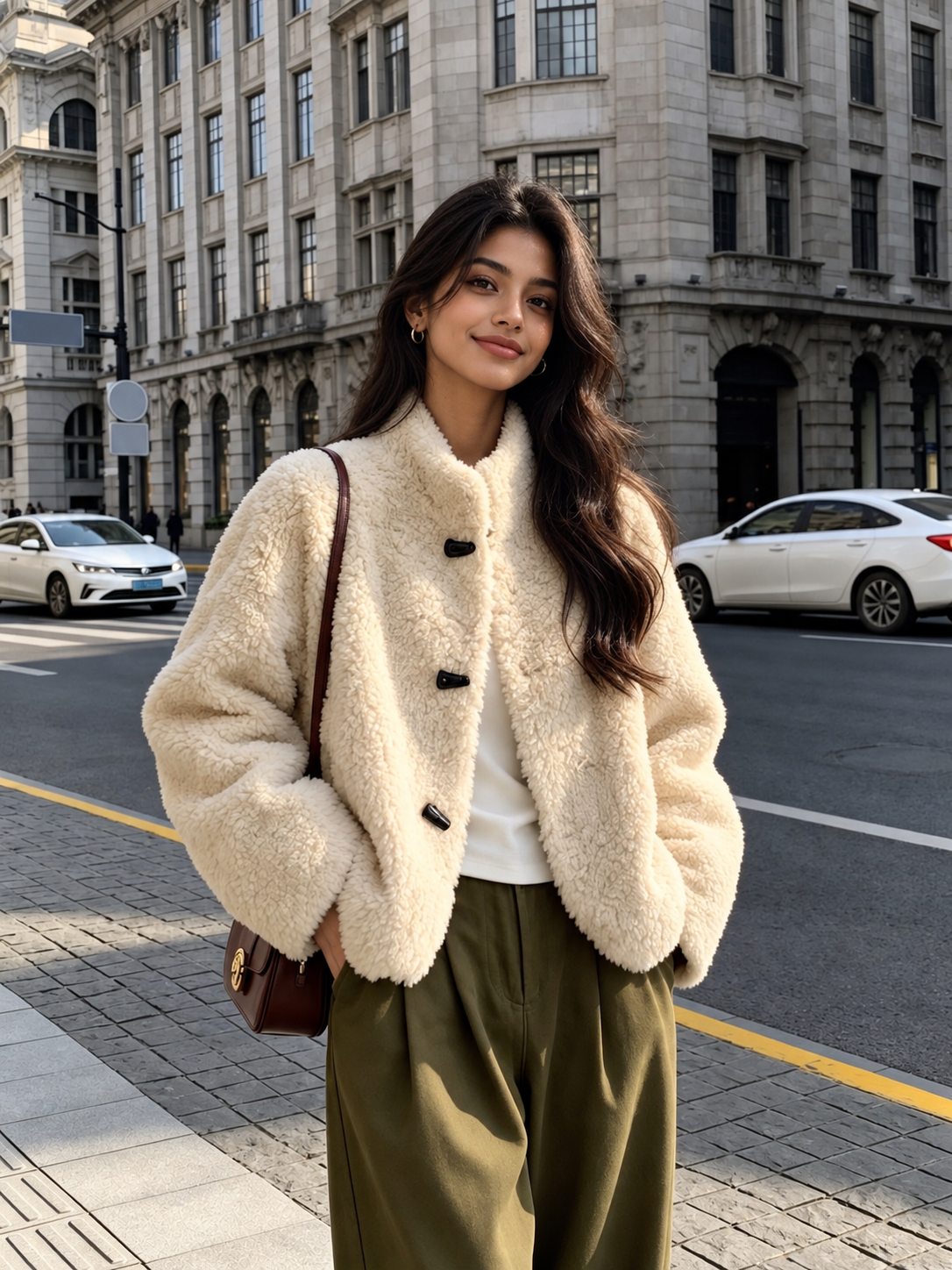 Women's Shearling Jacket with Stand Collar Short Winter Style