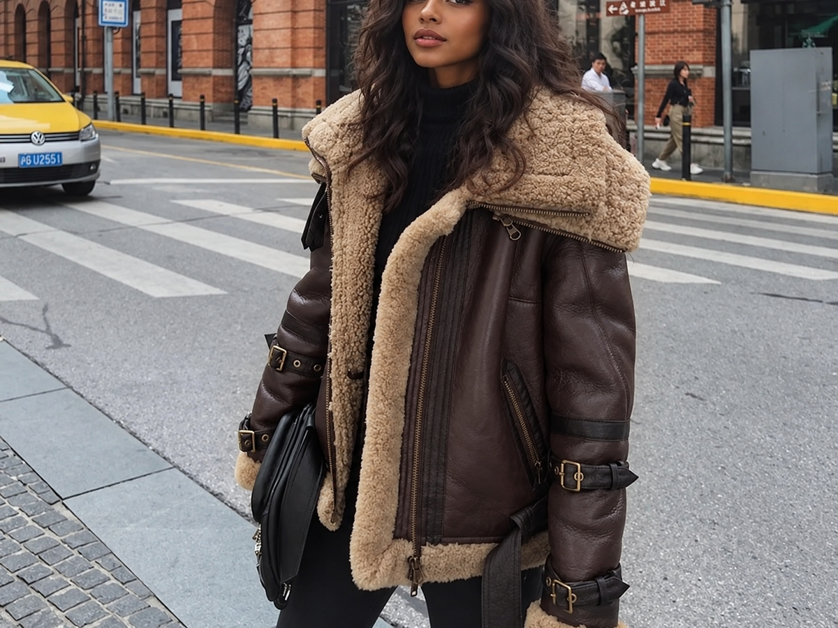 Lambskin Leather Jacket for Women in Brown with Fur Trim